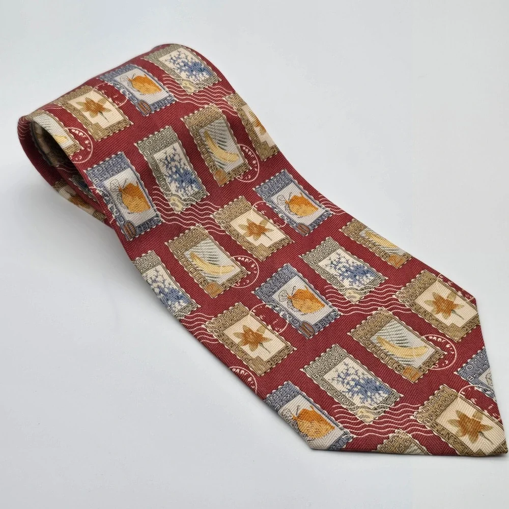 Tommy Bahama Mens Silk Tie Burgundy Red Tropical Postage Stamp Island Theme